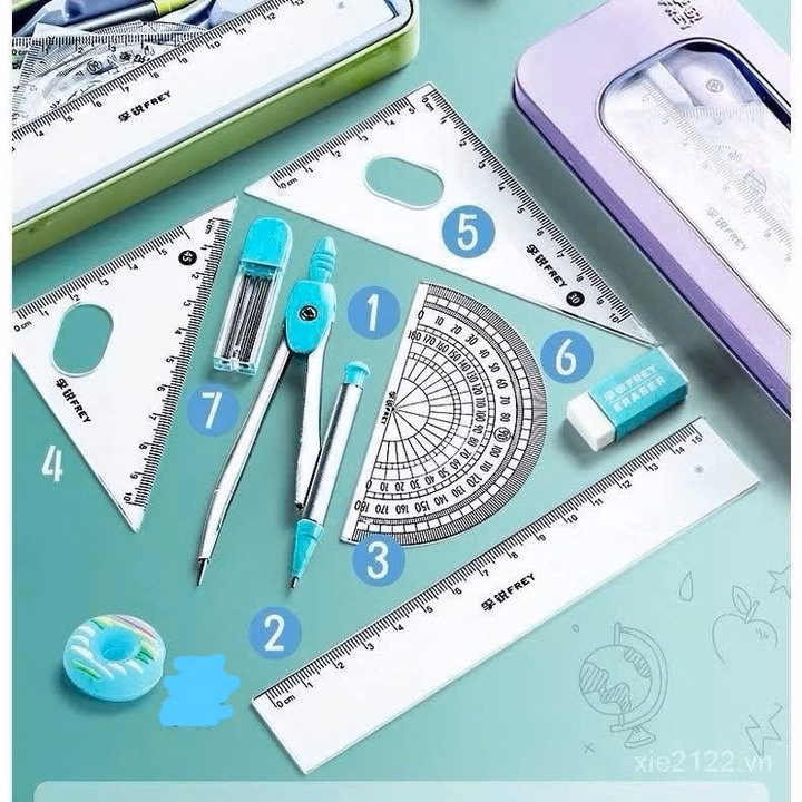 Bộ Đồ Dùng Học Tập 7 Chi Tiết Cho Bé Học Hình Học, Compa, Eke, Thước Kẻ Full Box - Ảnh 3